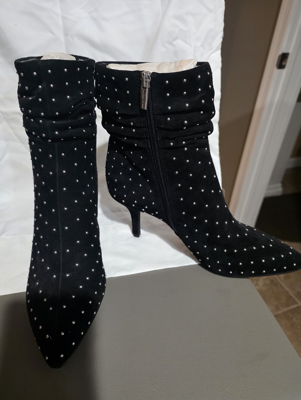 Vince Camuto Black Studded Pointed-Toe Kitten Heel Ankle Boots